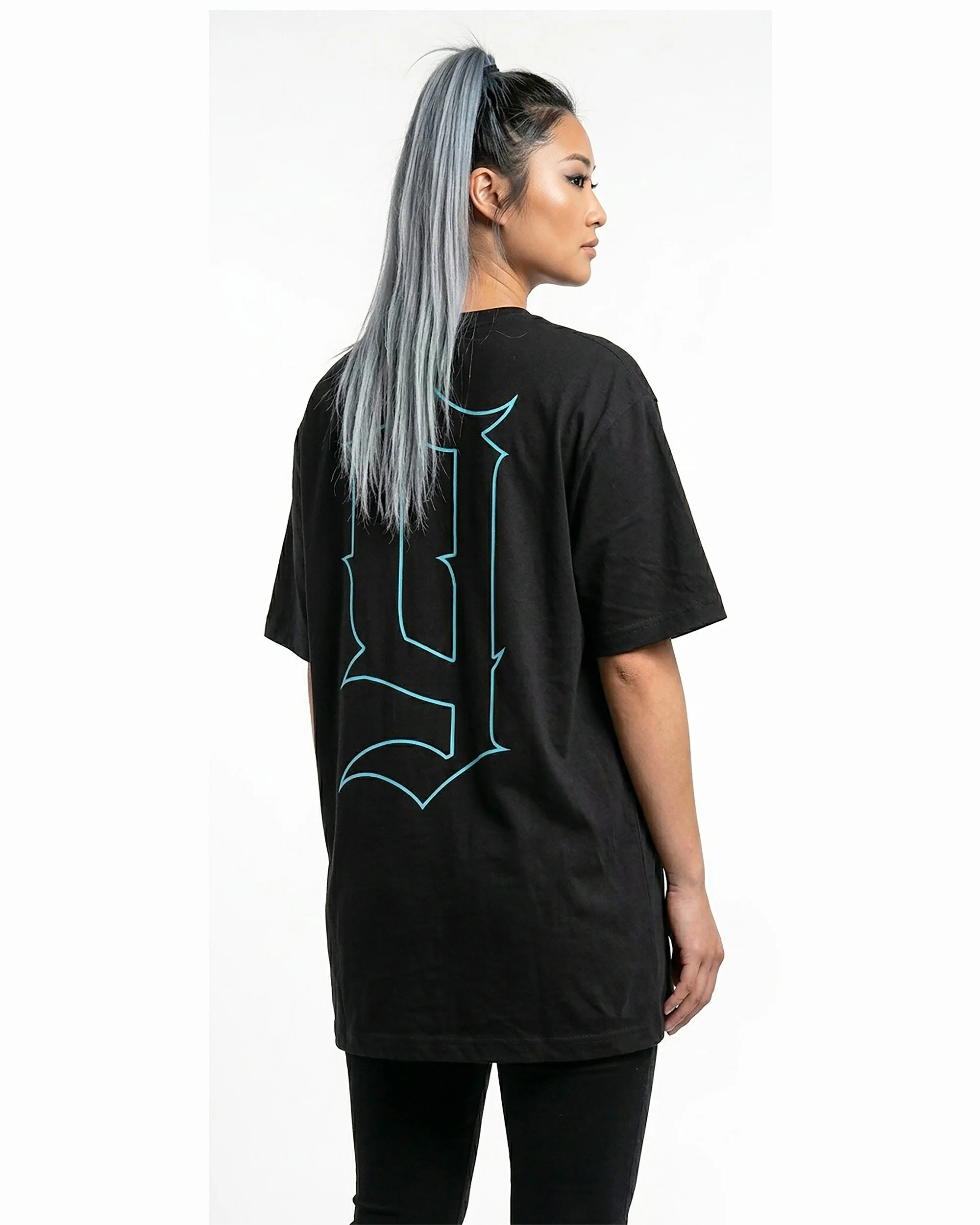 gerasin afterimage heavyweight black t-shirt back view featuring large cyan logotype print