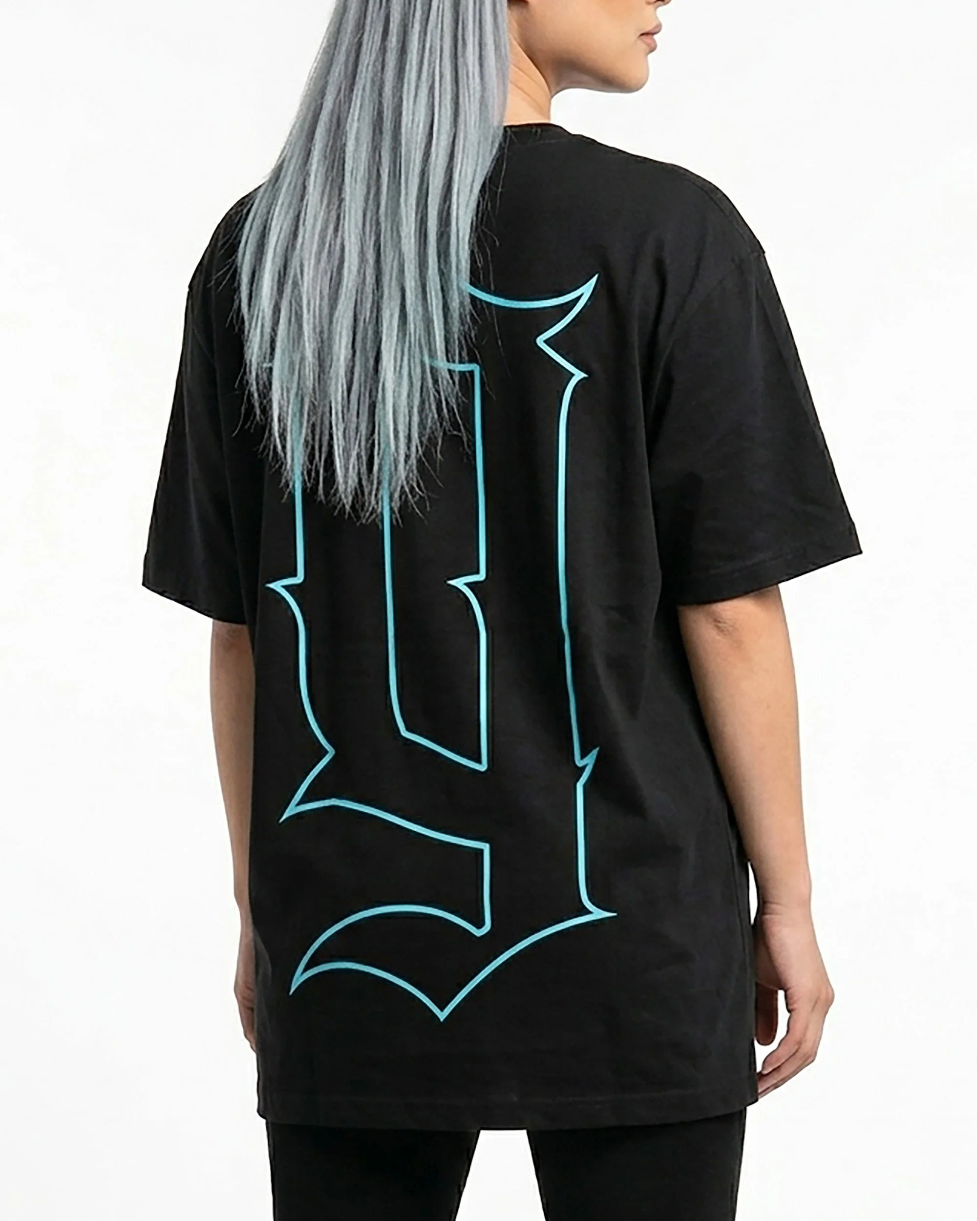 Close-up back detail of gerasin afterimage black tee showing cyan g logo print