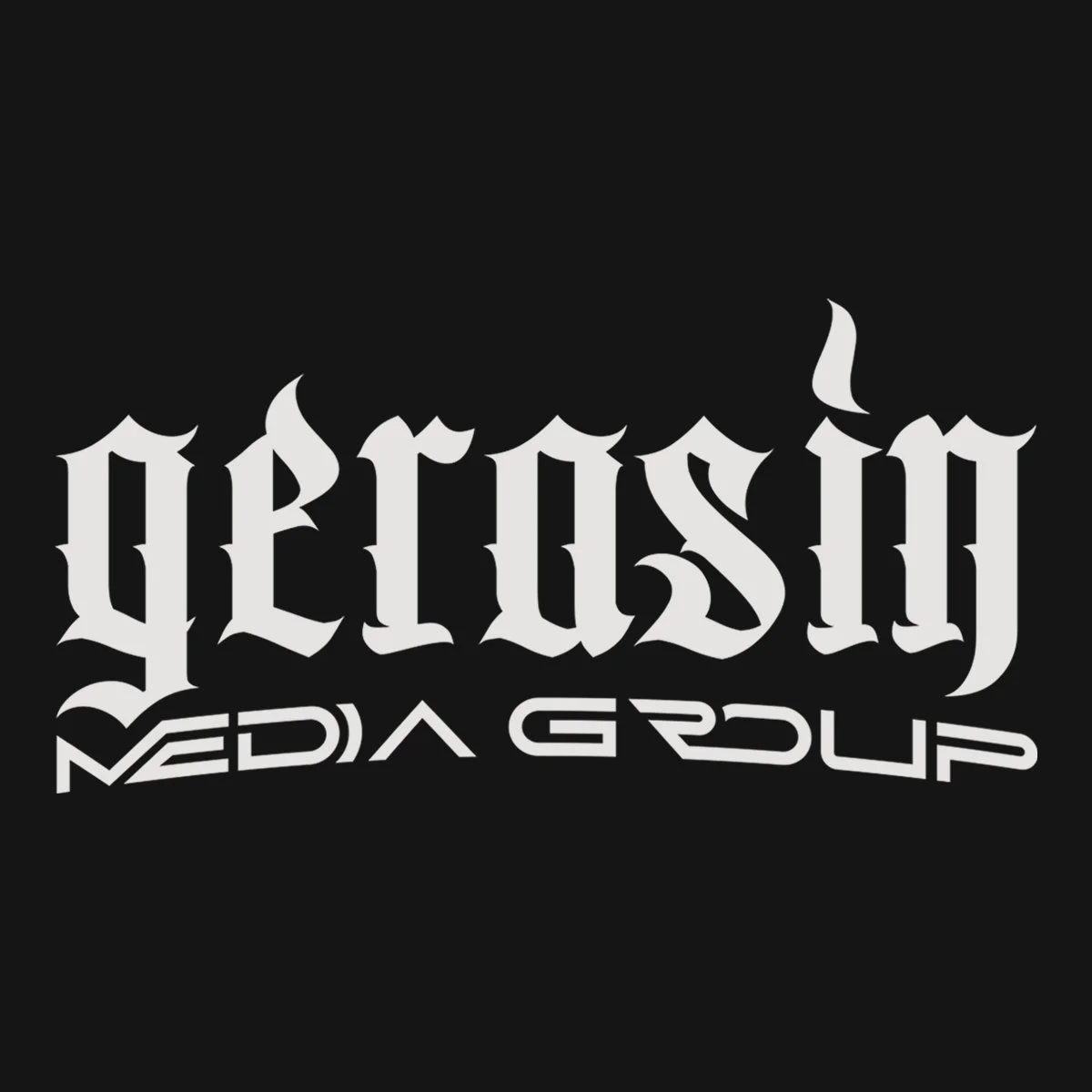 Gerasin Media Group Official Logo in platinum color cinematic design logo with gothic "gerasin" lettering and modern "media group" font on deep space gray background - Independent Creative Production and Media Studio founded and led by Will Gerasin