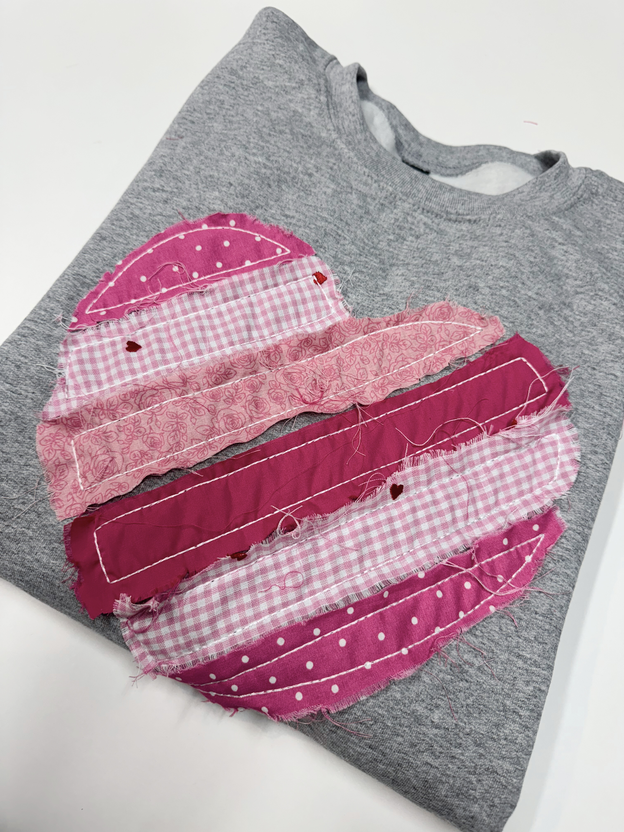 Handmade Patchwork Heart Sweatshirt or T-shirt - Pink and Floral Appliqué Valentine’s Day Crewneck