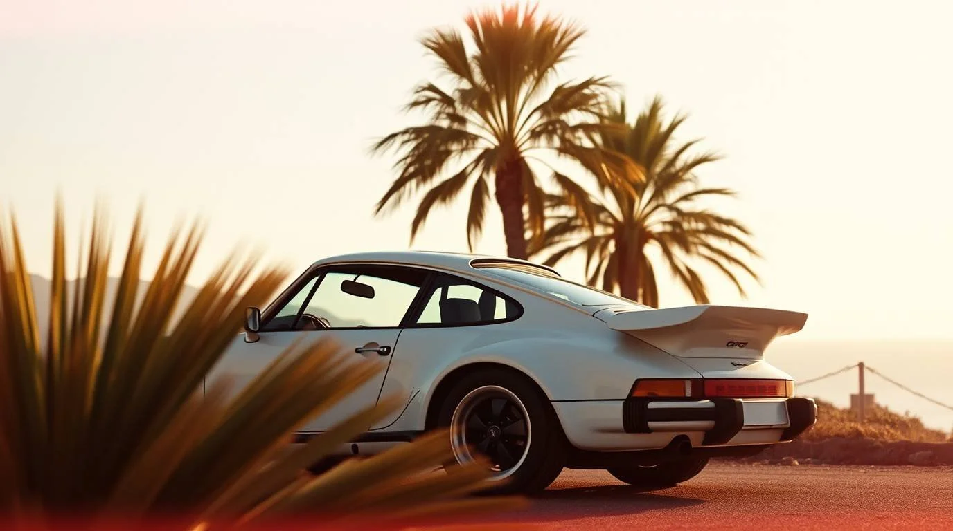 A white classic Porsche 911 car parked on a dirt road with palm trees in the background and a sunset or sunrise sky.