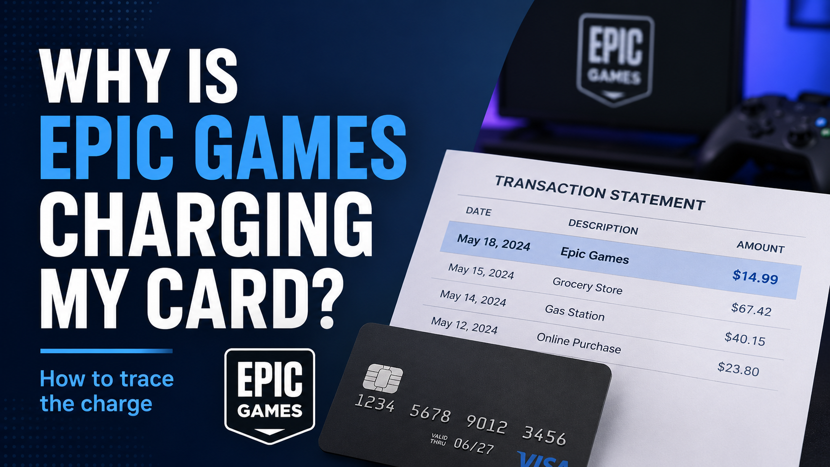 Illustration of a payment card and transaction statement representing an unfamiliar Epic Games charge.