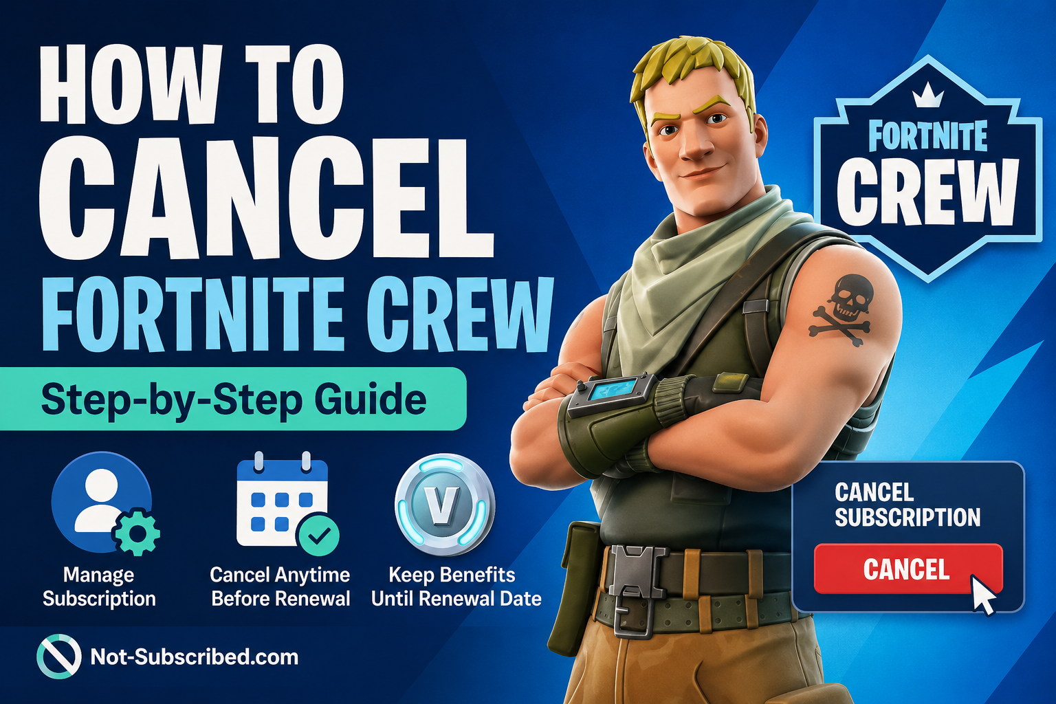 Illustration for a guide to canceling Fortnite Crew through the platform that manages the subscription.