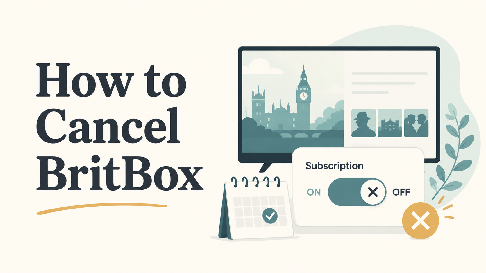Illustration for a guide on how to cancel BritBox, showing a streaming subscription toggle switched off with a calendar checkmark and cancellation icon.