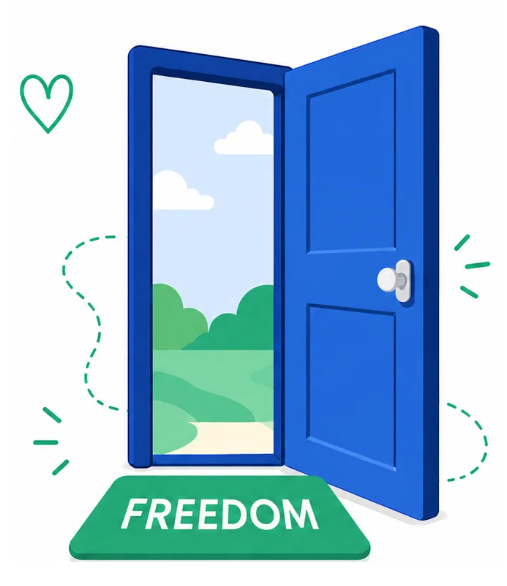 Open blue door with view of green landscape and blue sky outside, with the word 'FREEDOM' on a green mat in front of the door, surrounded by decorative green hearts and lines.