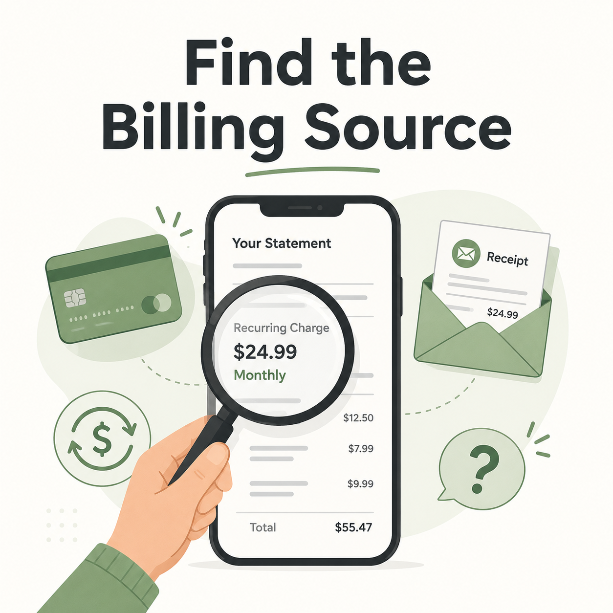 customer reviewing their bill on their mobile device with a magnifying glass to determine who is billing them