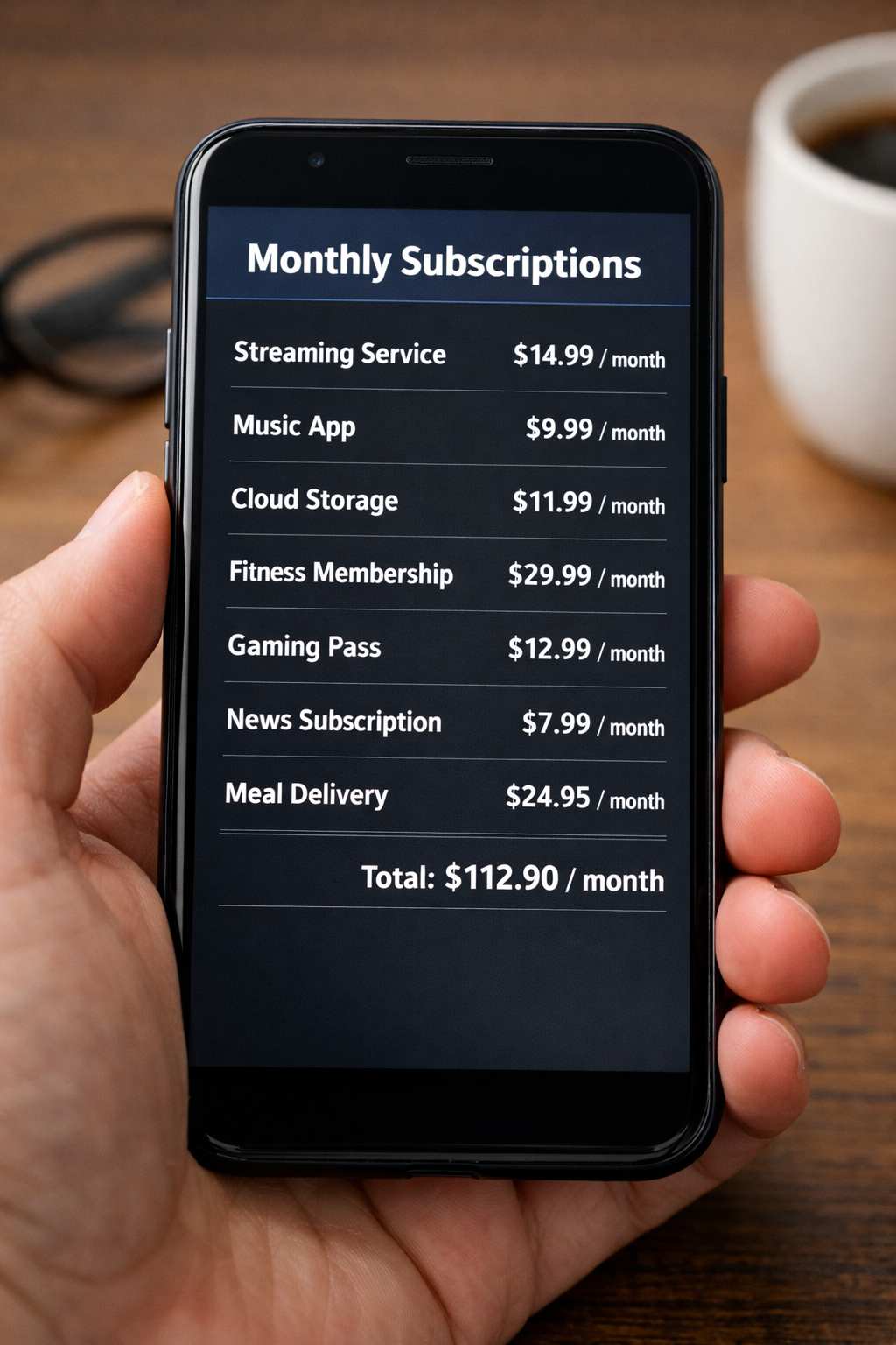 Smartphone displaying a list of monthly subscription charges, including streaming, music, cloud storage, and delivery services, held over a wooden table.
