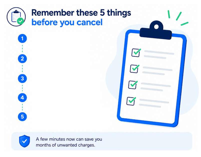 An infographic with the title 'Remember these 5 things before you cancel.' It features a checklist on a clipboard with four items checked off, and a note at the bottom stating, 'A few minutes now can save you months of unwanted charges.'