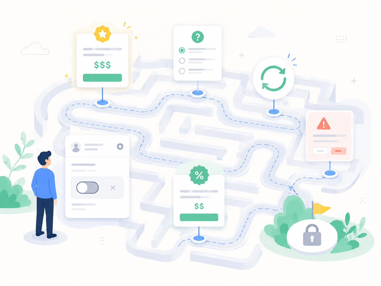 An illustrated person standing in front of a maze with various icons and signs along the path, including a medal, question mark, refresh symbol, warning alert, lock, and price tags, representing decision points and obstacles in a process or journey.