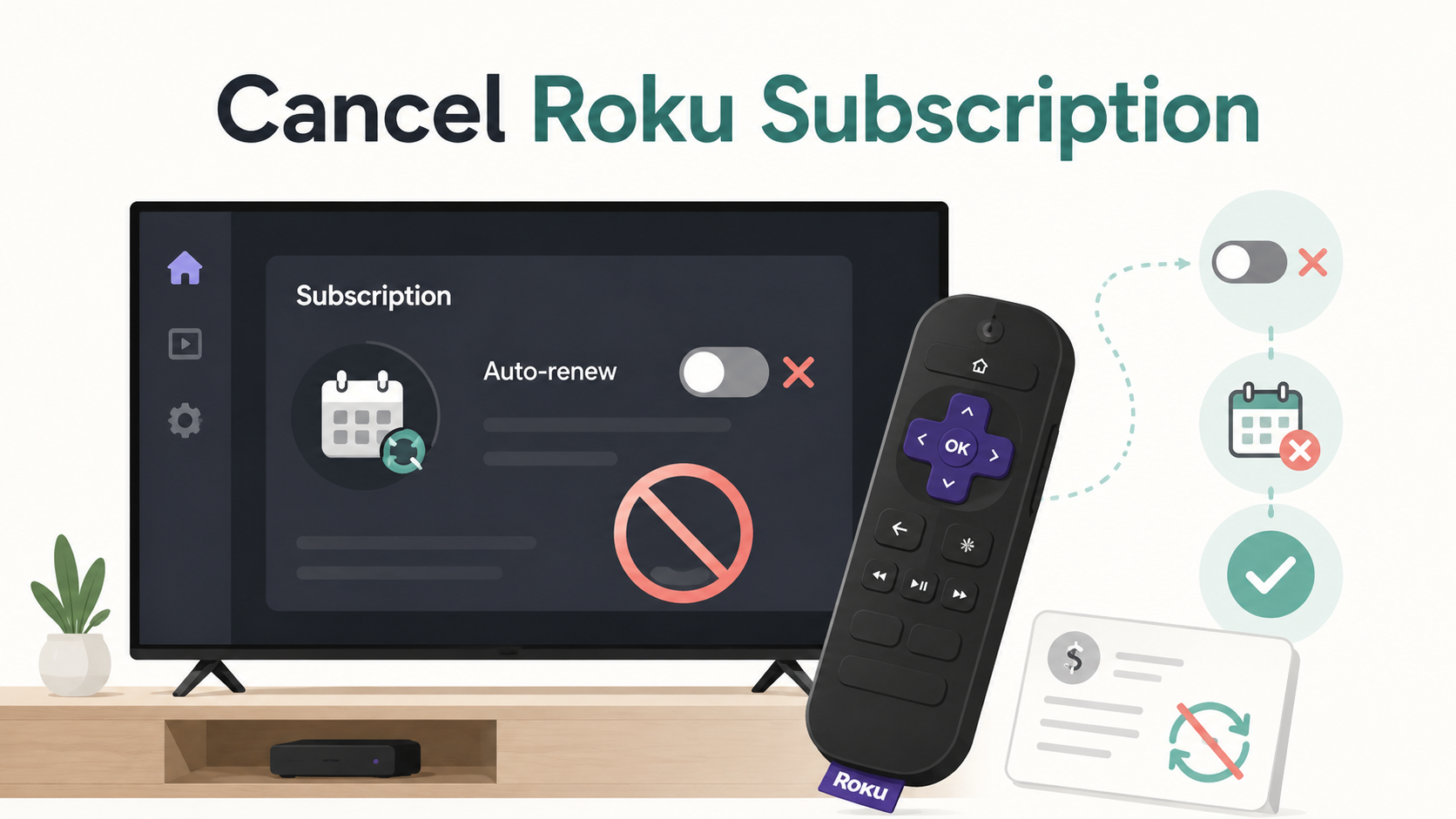 Illustration showing how to cancel a Roku subscription by turning off auto-renew, with a Roku remote, subscription screen, billing icon, and cancellation confirmation checkmark.