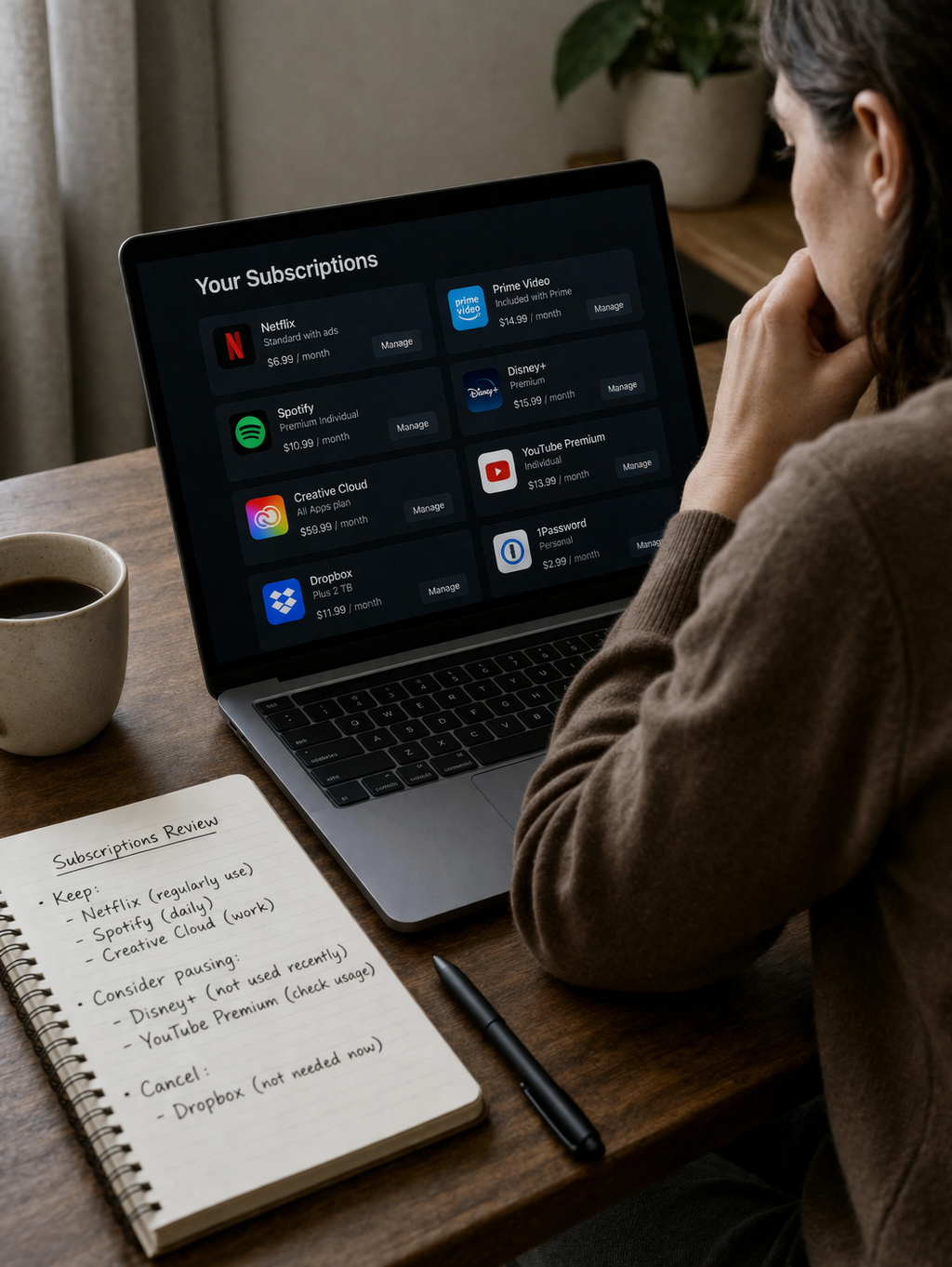 Person sitting at a desk reviewing streaming and software subscriptions on a laptop, with a notebook nearby listing services to keep, pause, or cancel.