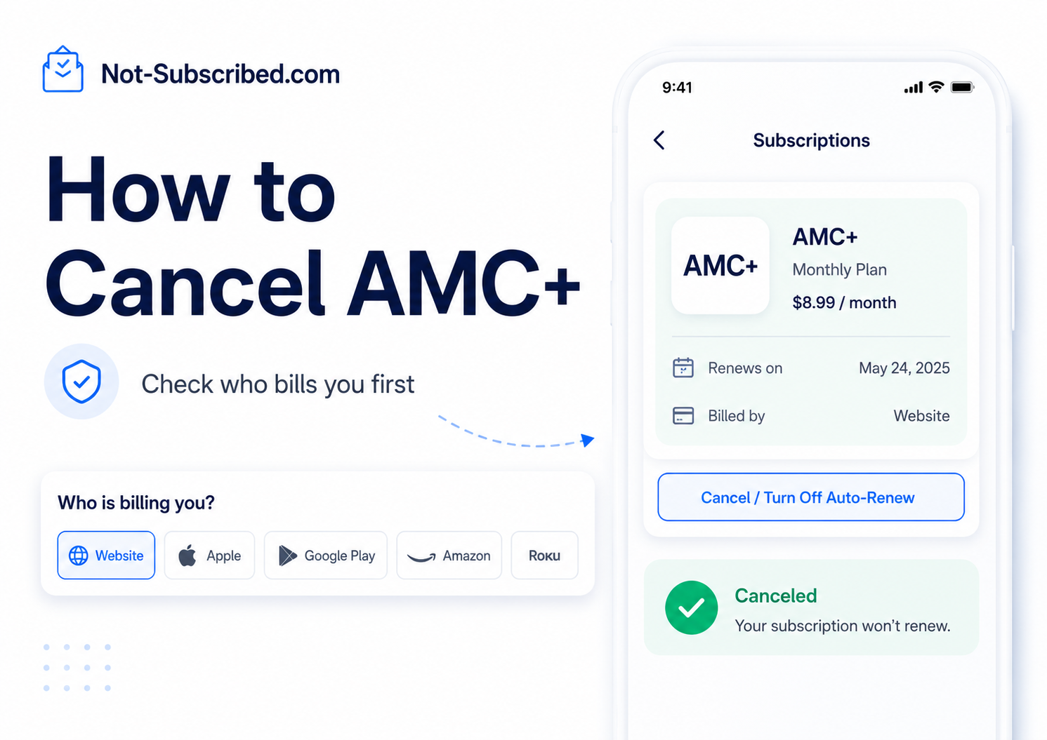 Illustration for how to cancel AMC+ showing a subscription settings screen, billing source options, and a canceled confirmation message.