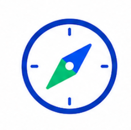 A simple clock face with no numbers, showing a blue and green compass or gauge design inside.