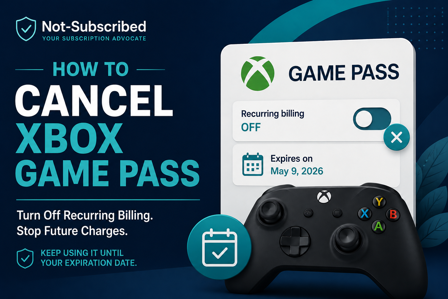 Illustration explaining how to cancel Xbox Game Pass     and turn off recurring billing through the subscription account.