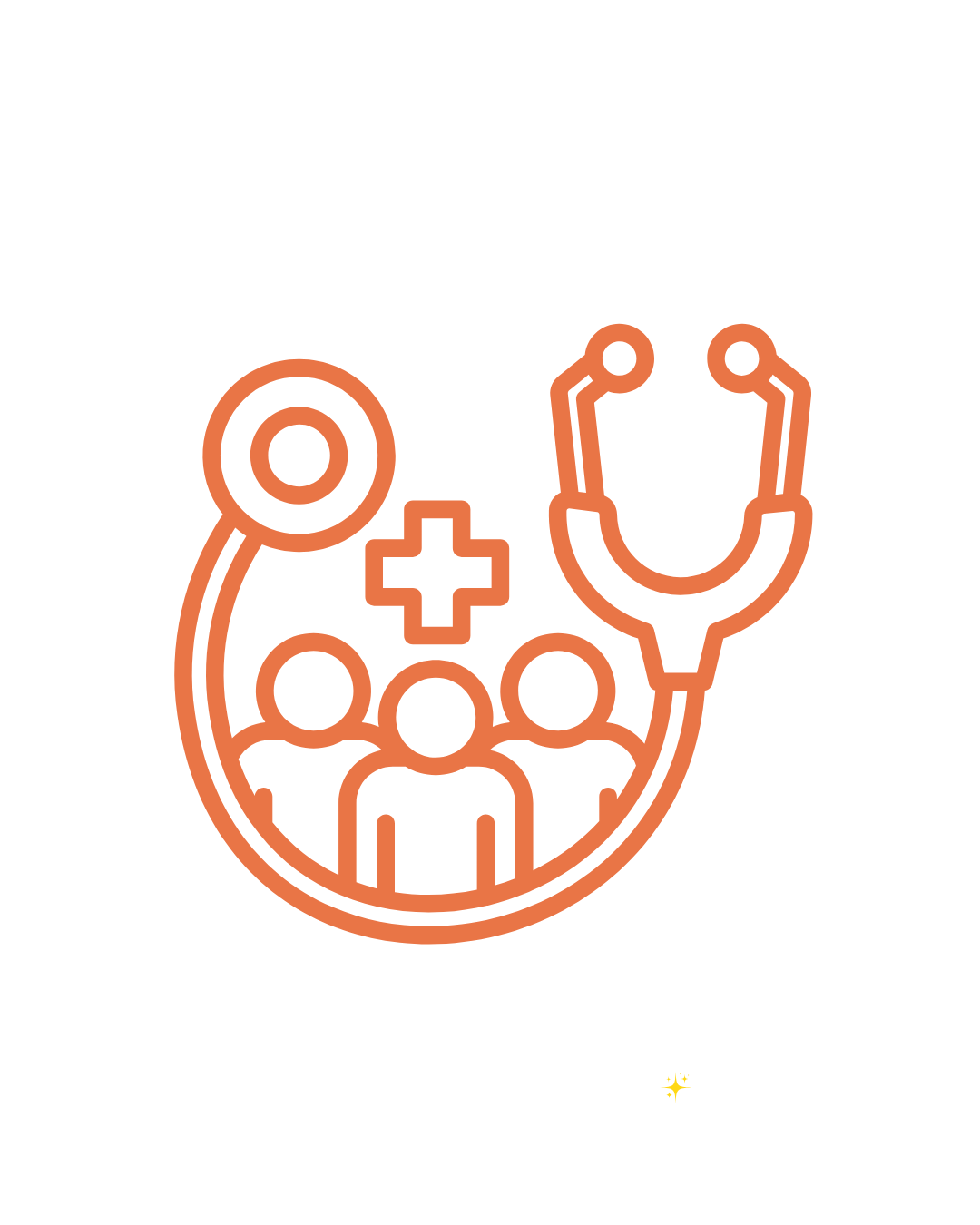 Orange icon of stethoscope surrounding patients and medical cross – symbol of doctors beginning to provide virtual care on Altheum