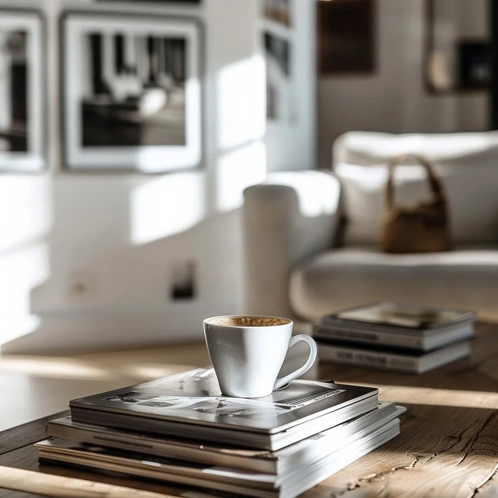 Intérieur élégant avec des tirages d'art encadrés au mur, l'importance d'imprimer ses photos