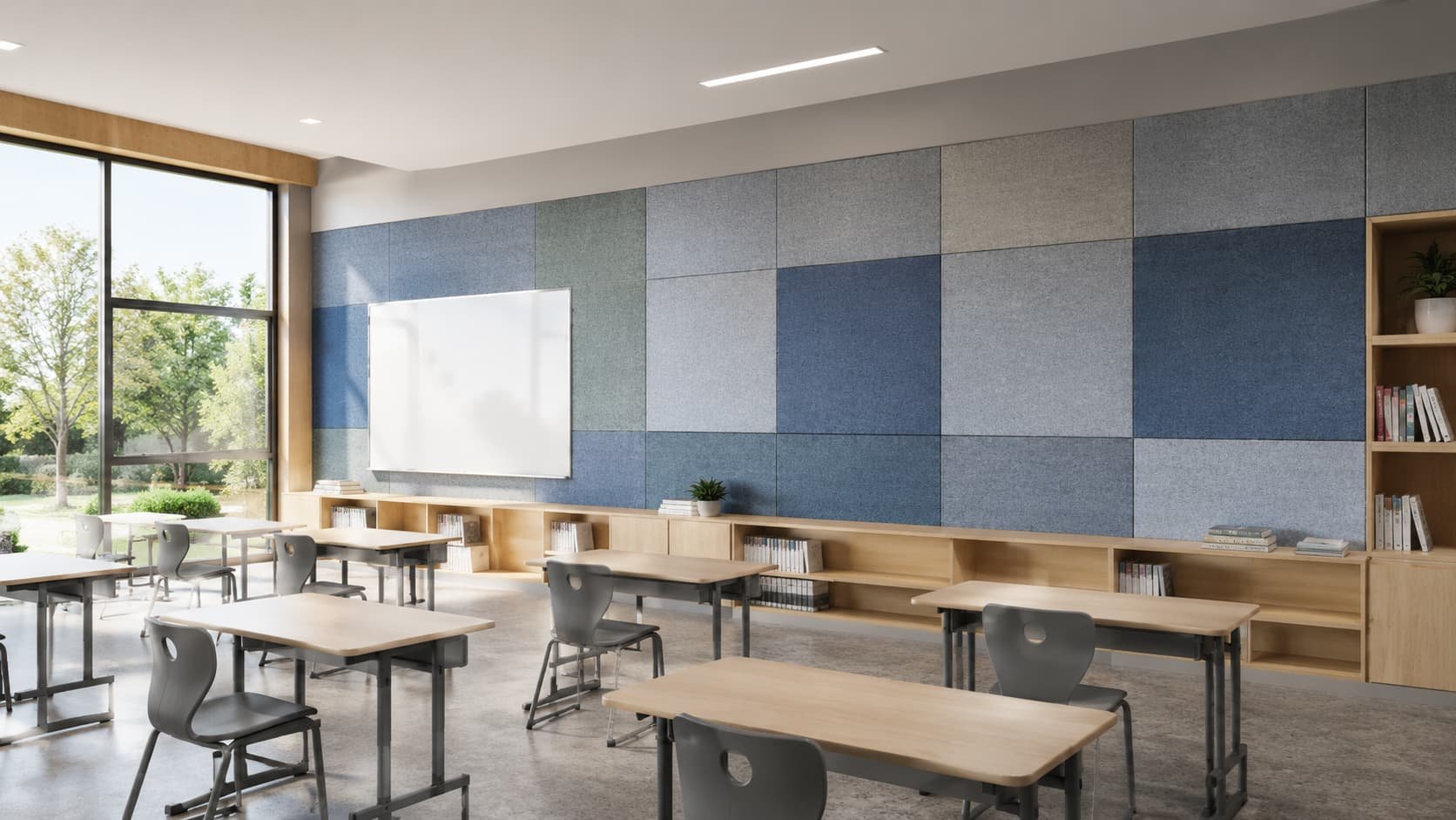 Učionica sa bež stolicama pričvršćenim za stolove i jarkom narandžastom školskom torbom koja visi na dekorativnom plavom zidu obloženom Akudom akustičnim panelima.