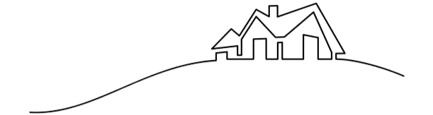 Line drawing of a mountain landscape with trees and a campfire