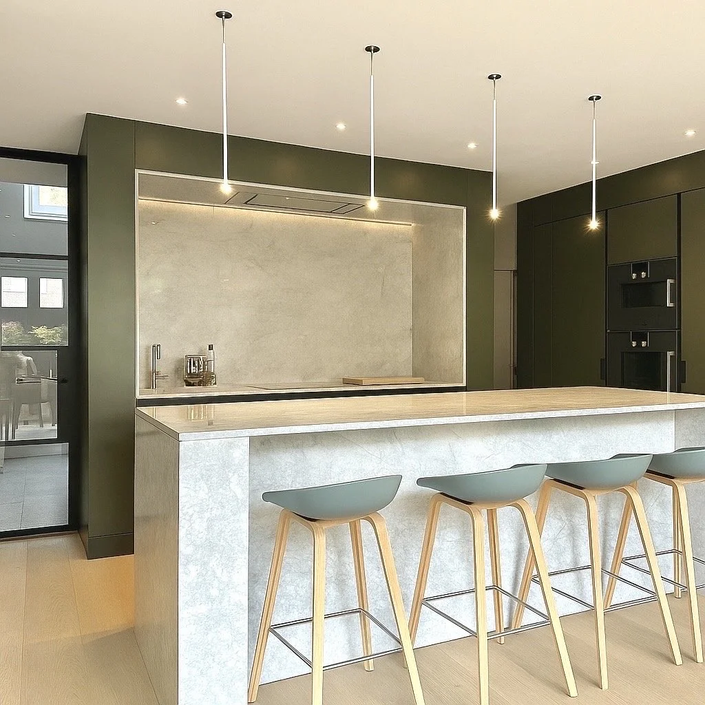 A Farrow and Ball Bancha green kitchen with quartz island and worktops. Wood floors in Broadstone