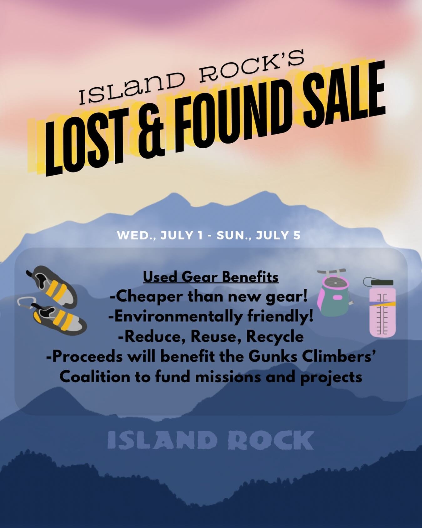Are you looking for inexpensive gear? Or were you in the market to reduce waste in landfills? Look no further!

Our annual Lost-And-Found Sale will start on July 1st and run until July 5th. Proceeds will benefit @gunksclimbers

Stop by and check out 