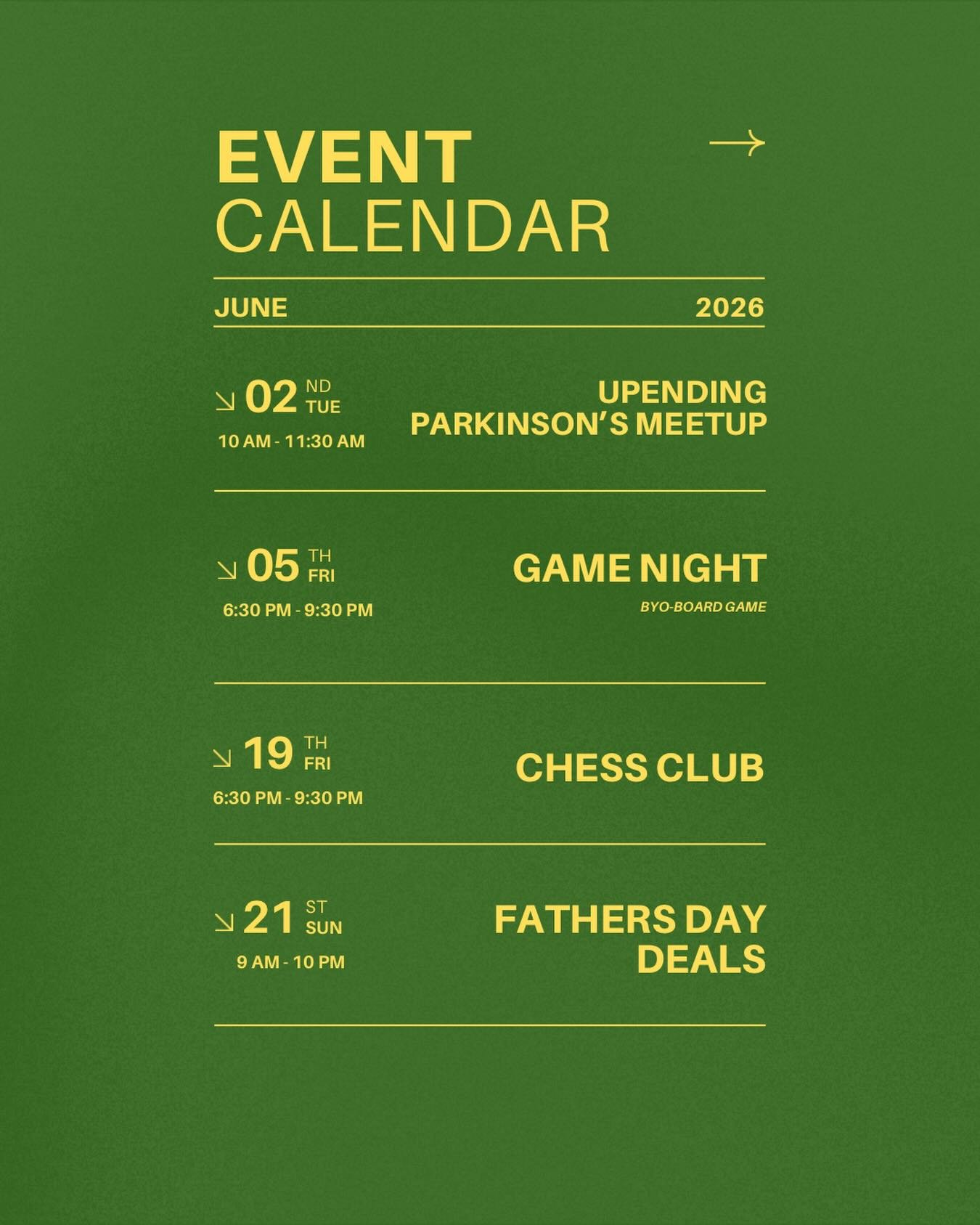 Happy June from Island Rock! 

Our regularly scheduled Game Night and Chess Club is on the books! Bring your games and have a little friendly competition with the community. 

We have Father&rsquo;s Day Deals coming on Sunday, June 21. Watch out for 