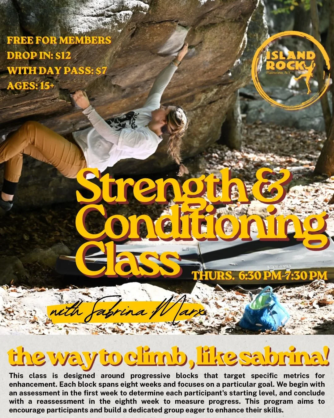 Strength and Conditioning Class is back with @sabrinammarx starting August 6th!

Join Sabrina for the next eight weeks to reach your next climbing goals. See you there!