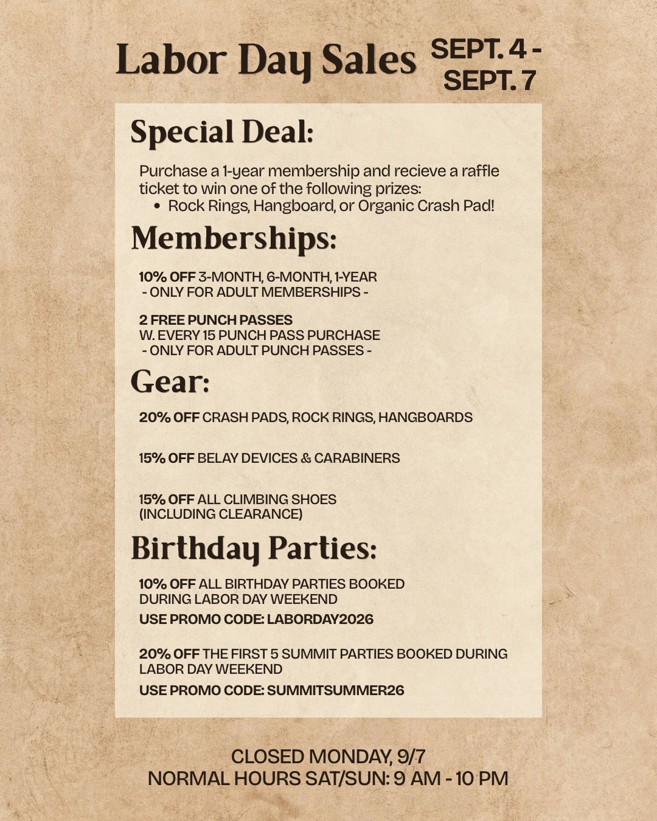 Labor Day Sales go live from September 4th - September 7th! 

Purchase your membership online through our website or get them in person! If you buy a 1 year pre-paid membership, you will be automatically entered into a raffle to win a special prize! 