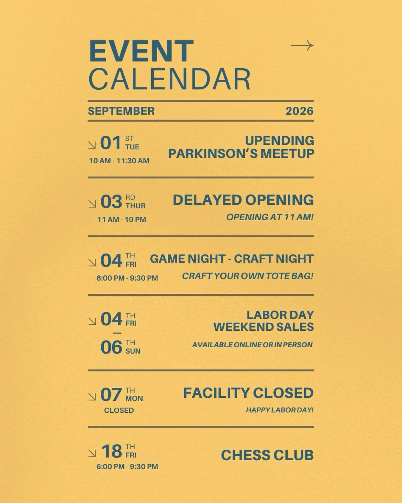 🚨‼️ Our facility will have a delayed opening this Thursday at 11 AM. Operating hours will run 11 AM - 10 PM. 

🎮🧵Game Night and Craft Night are happening on Friday! Sign up for craft night using the link in our bio. 

🏷️ Labor Day Weekend Sale st