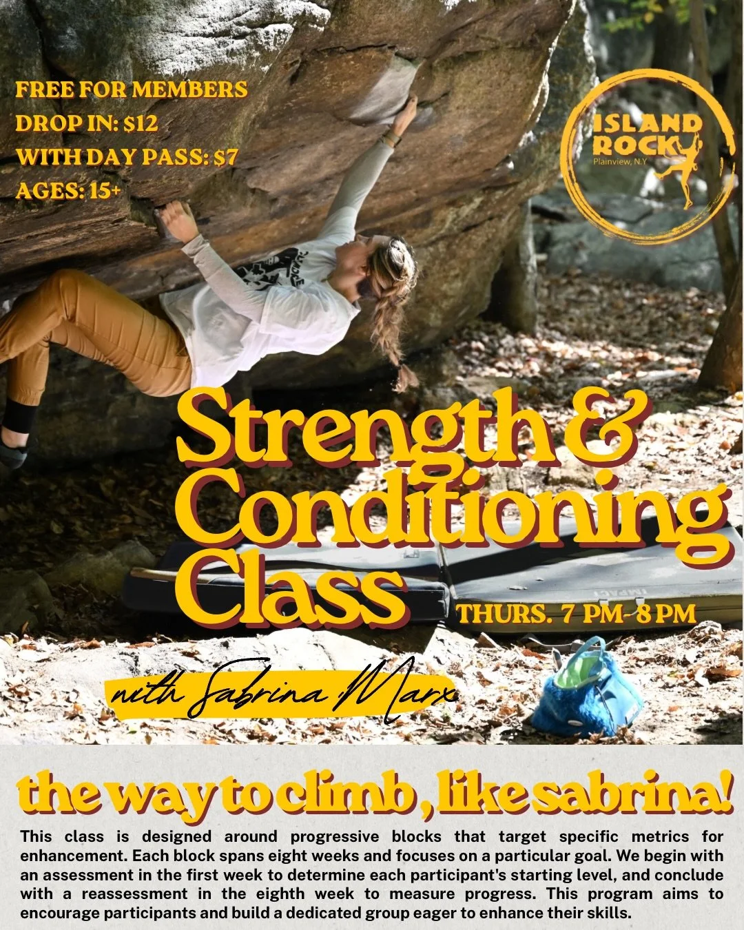Due to popular demand, we are moving Sabrina&rsquo;s Strength and Conditioning class to 7 PM, starting September 24. Get in shape for sending season!

Reserve your spot using the link in our bio!