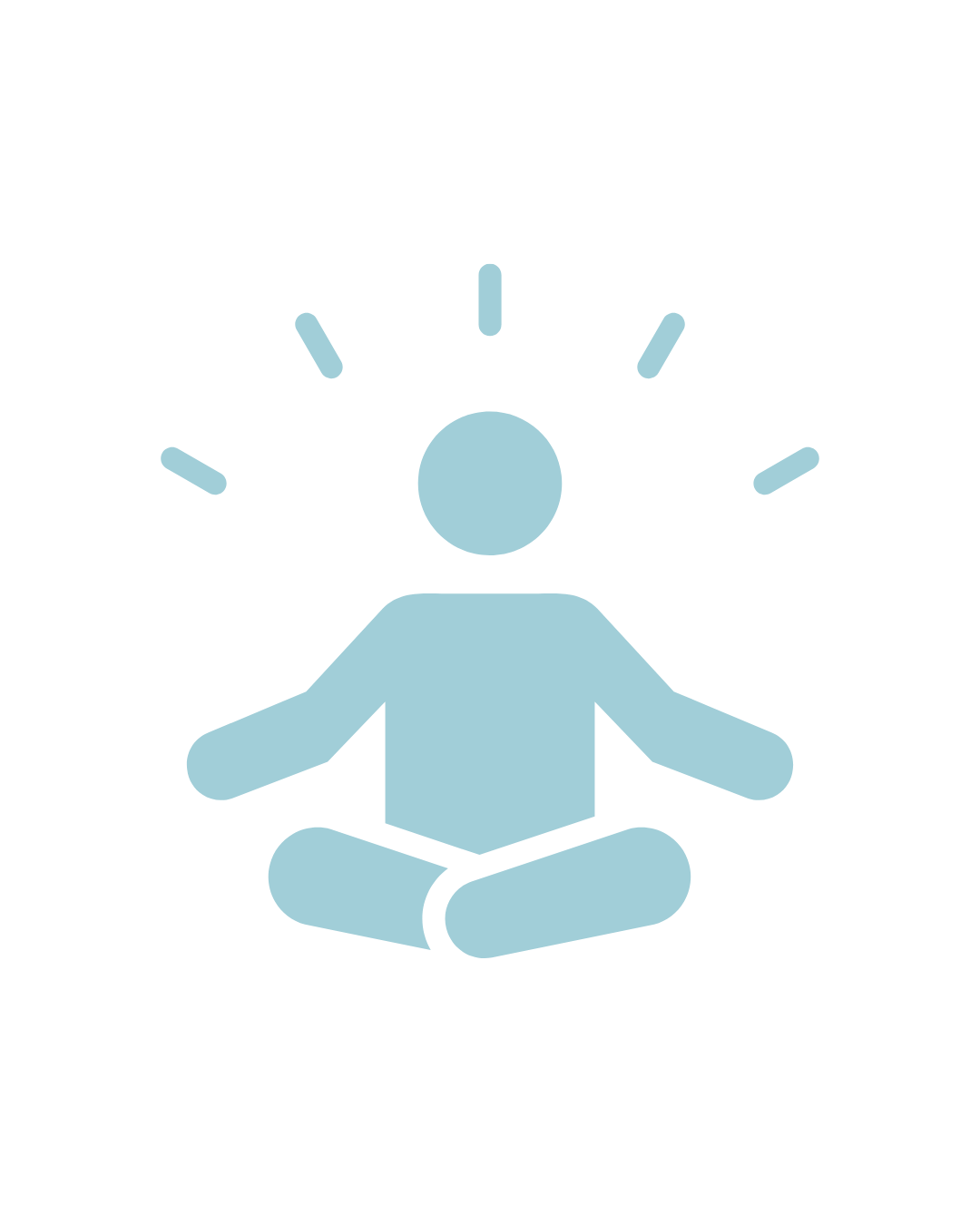 Simplified line drawing of a person meditating in a seated cross-legged position with lines radiating from the head, representing mindfulness or enlightenment.