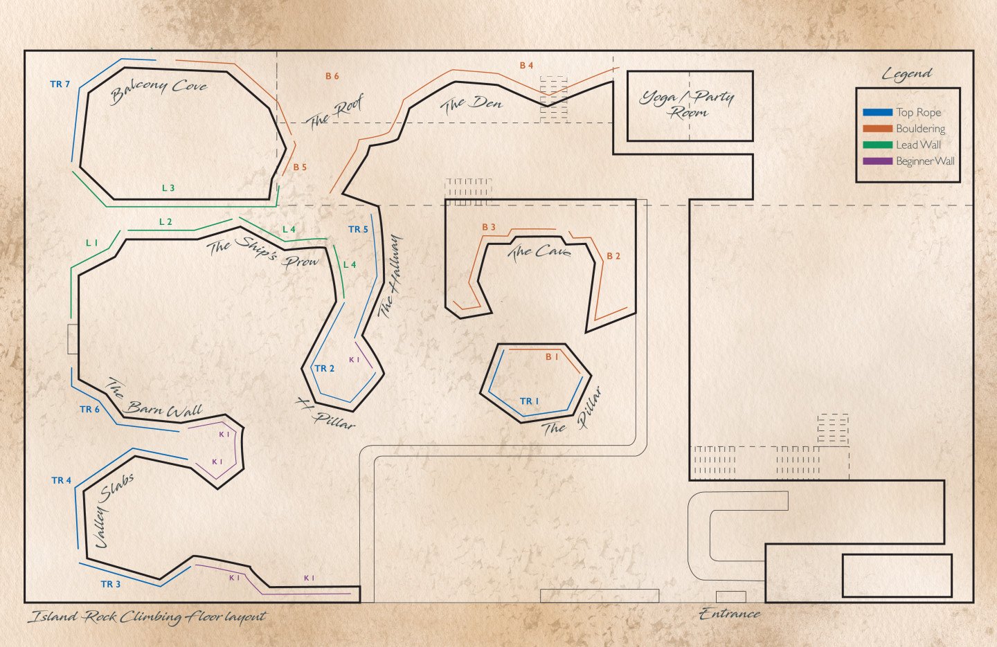 Island Rock Facility Map - The Balcony Cove, The Roof, The Den, Yoga Party Room, The Ship's Prow, The Barn Wall, Valley Slabs, and The Prow, with color-coded routes and labels indicating difficulty levels.