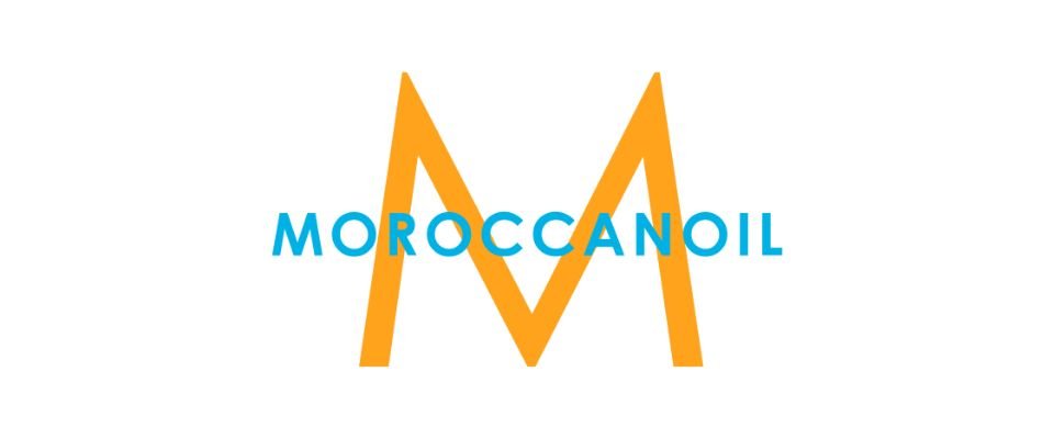 Moroccanoil logo with large orange "M" and blue text