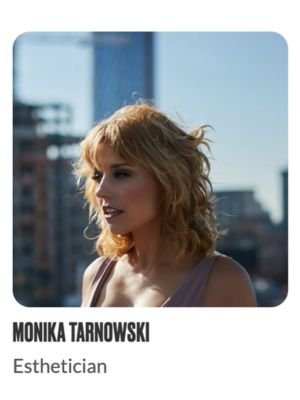 Woman with blonde hair outdoors, cityscape background, labeled Monika Tarnowski, Esthetician.
