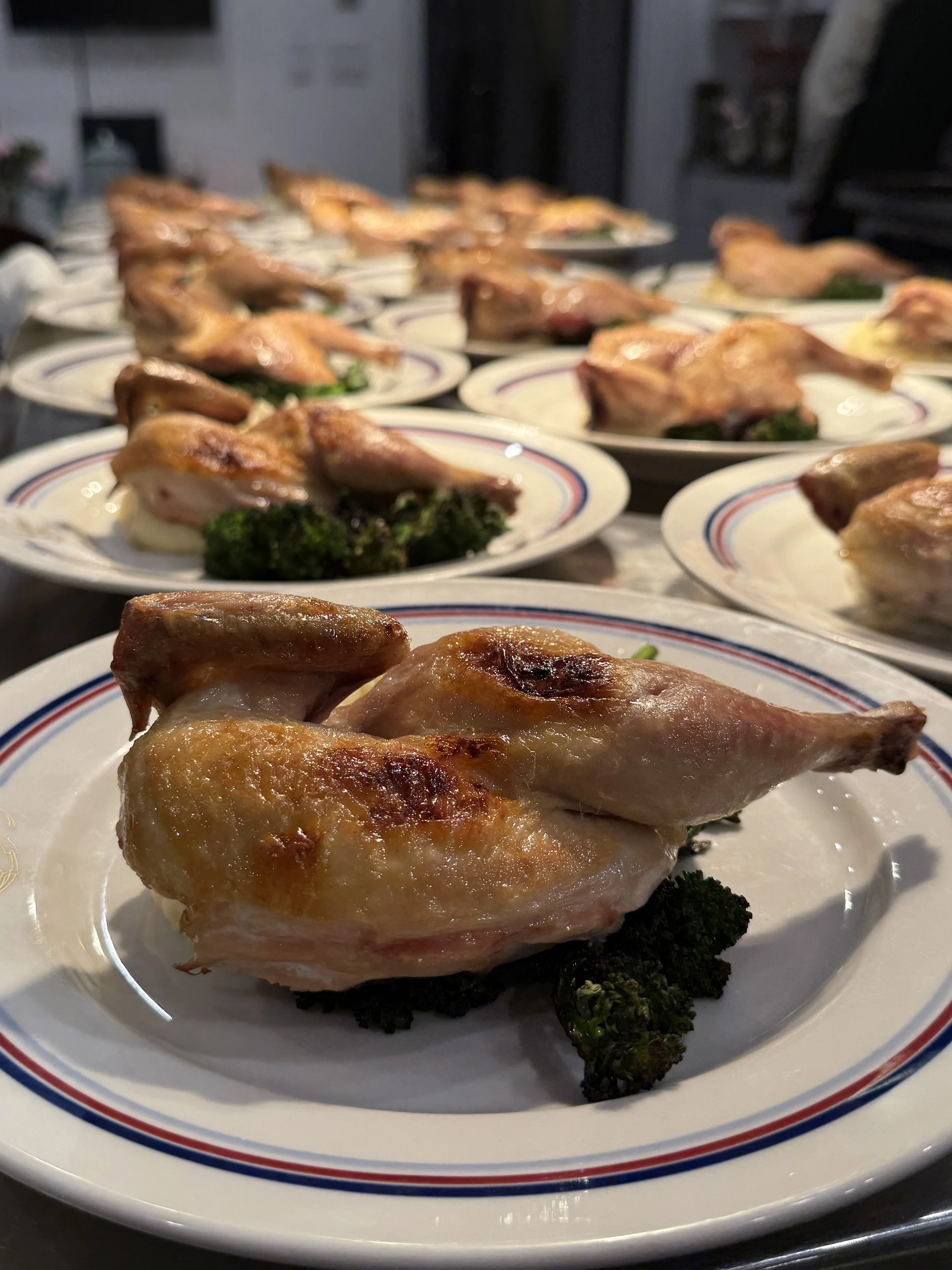 Roast Cornish hen with Pomme puree and broccolini