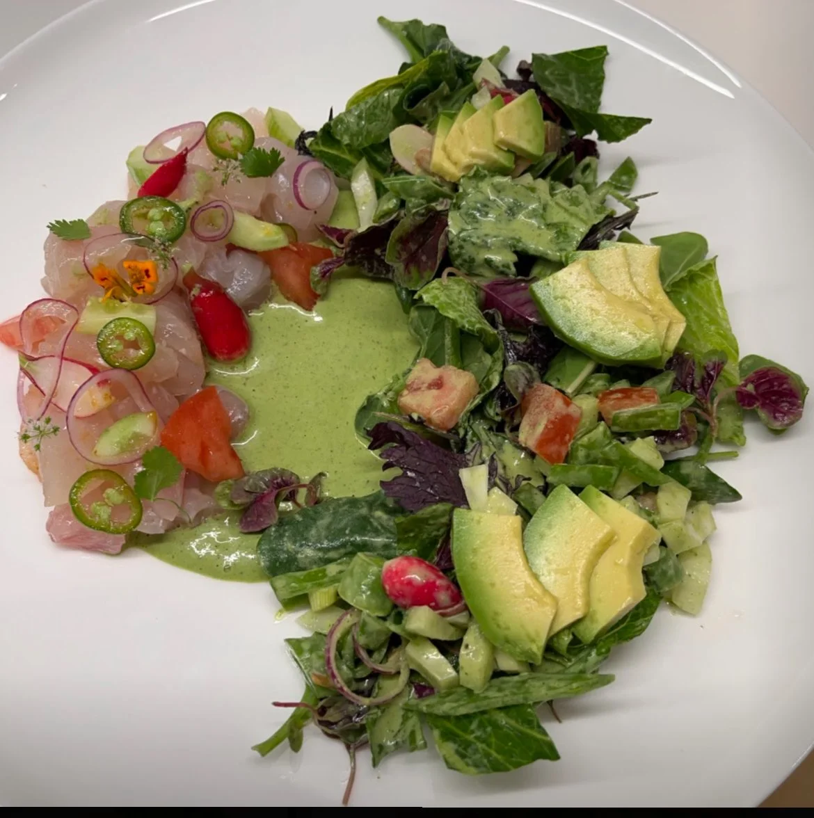 Fusion fluke crudo with organic local greens