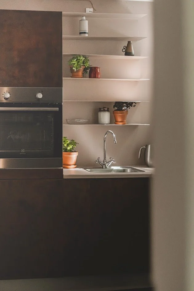 Kitchen with dark lower cabinets, a built-in oven, open shelves with potted plants, jars, and decorative items, and a stainless steel sink with a faucet and electric kettle.