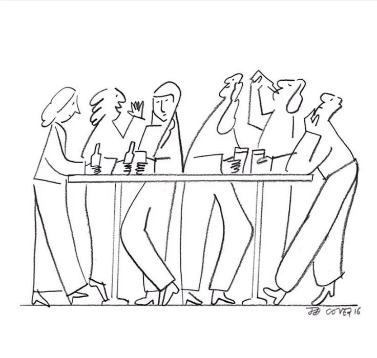 Line drawing of six people around a bar, each holding a drink and engaging in conversation or socializing.