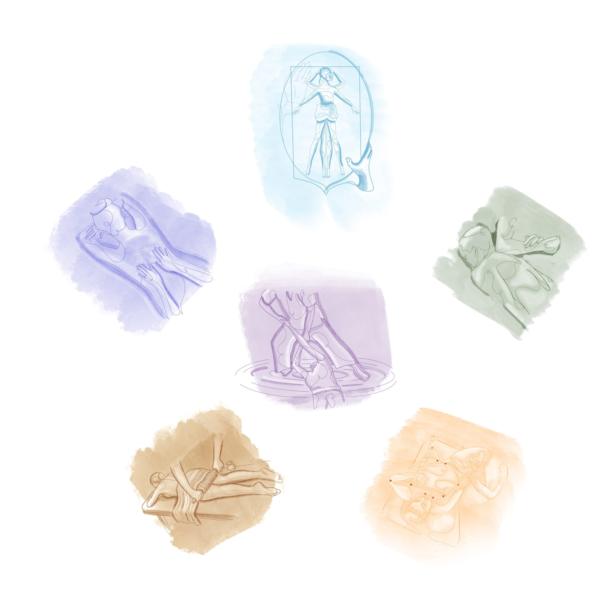 Dessins schématiques de figures humaines, de la tête aux pieds, avec différents symboles et lignes, en style esquisse avec des eaux de couleurs pastel