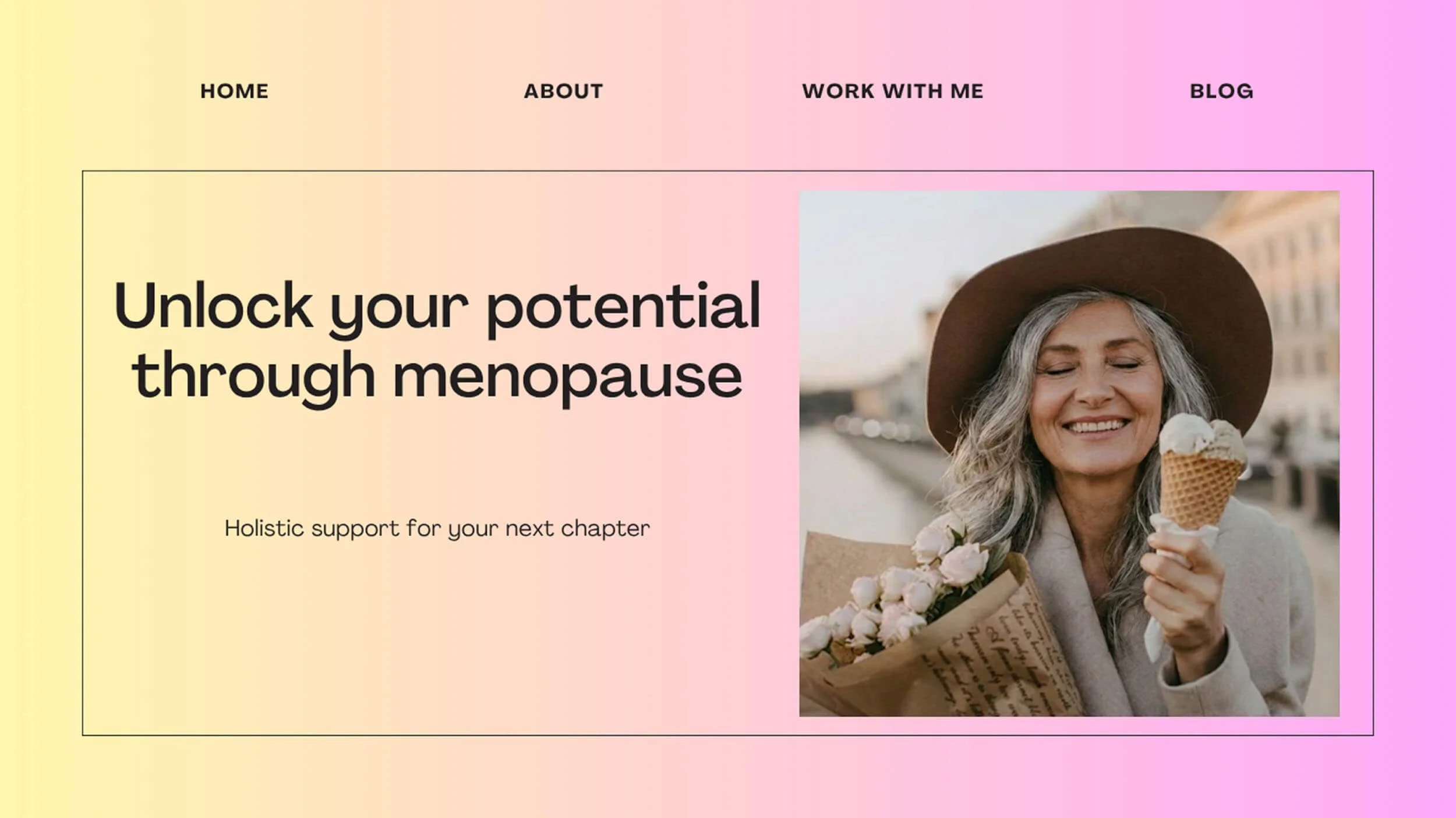 A website mockup for a menopause coach with a vague, poetic headline: "Unlock your potential through menopause." The design features a soft pink gradient and a woman holding flowers and an ice cream.