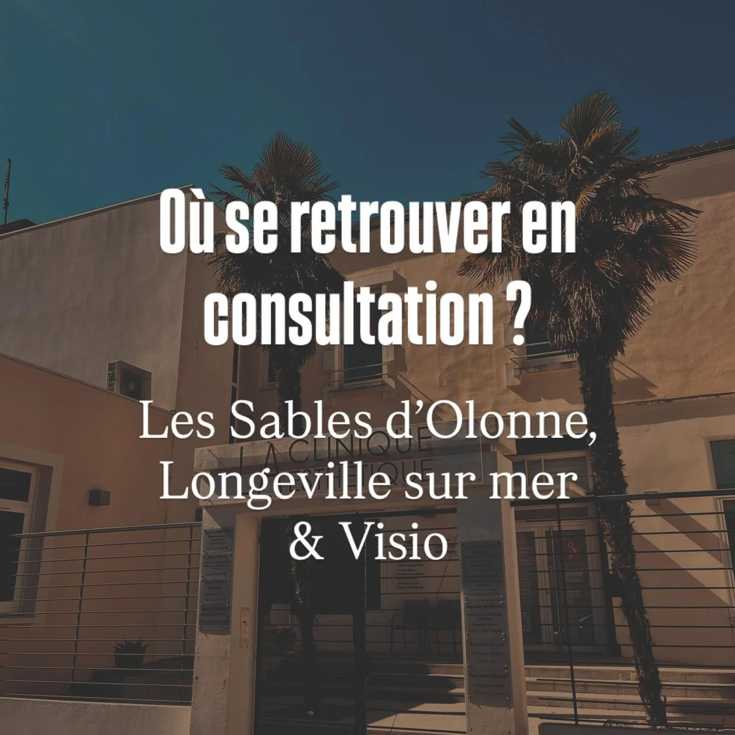 🌞 Les diff&eacute;rents lieux de consultation en naturopathie ancestrale.

A partir de janvier 2026, retrouvez-moi dans 3 espaces distincts pour les consultations :

En pr&eacute;sentiel &agrave; Longeville sur mer :
- 45 chemin des berniques 85560
