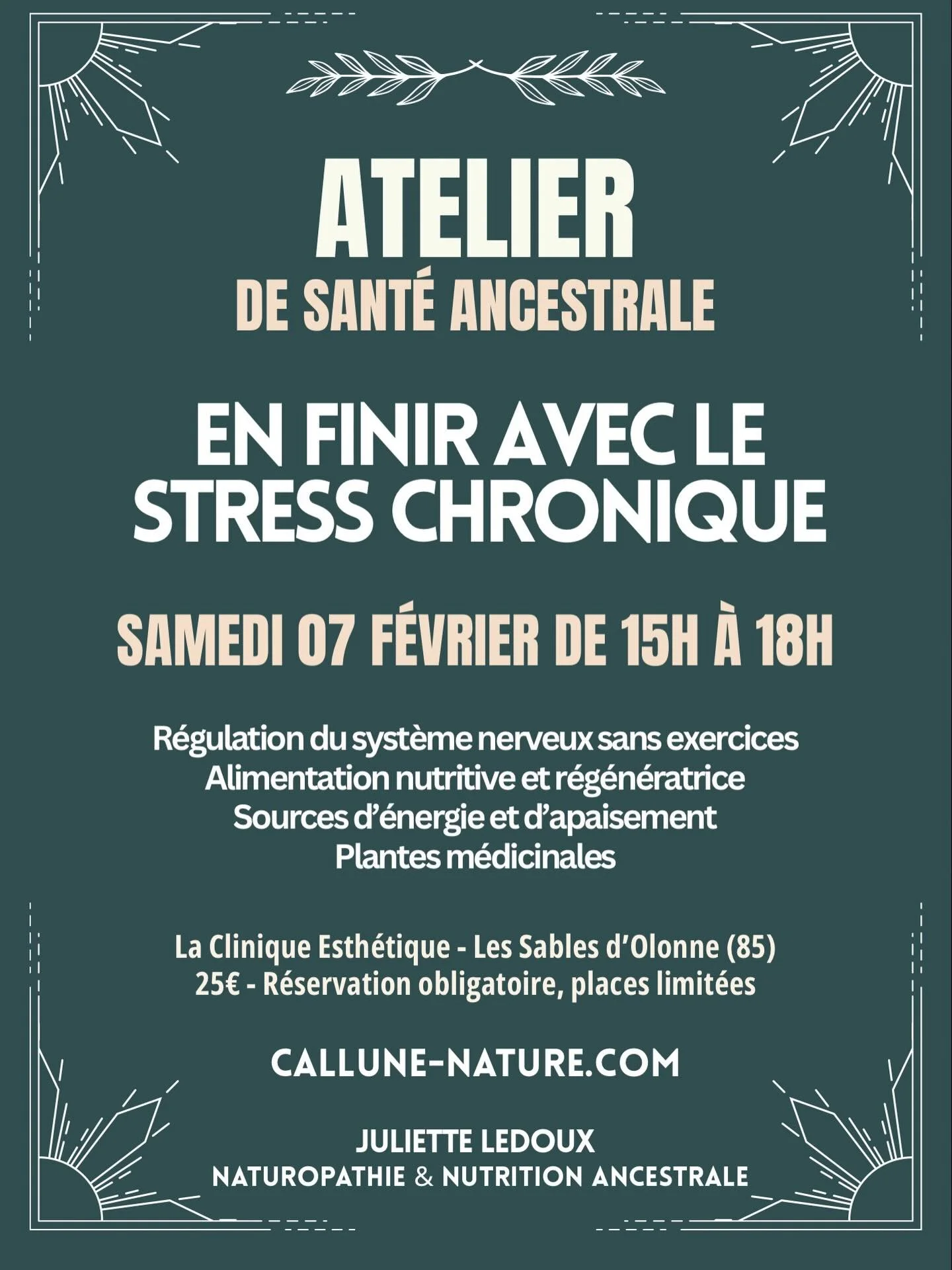 🌞 Atelier de sant&eacute; ancestrale : samedi 7 f&eacute;vrier 2026

&hearts;️ En finir avec le stress chronique.

Fatigue persistante, hypervigilance, tensions, nervosit&eacute;, charge mentale, sommeil agit&eacute; ?
Et si ce n&rsquo;&eacute;tait 
