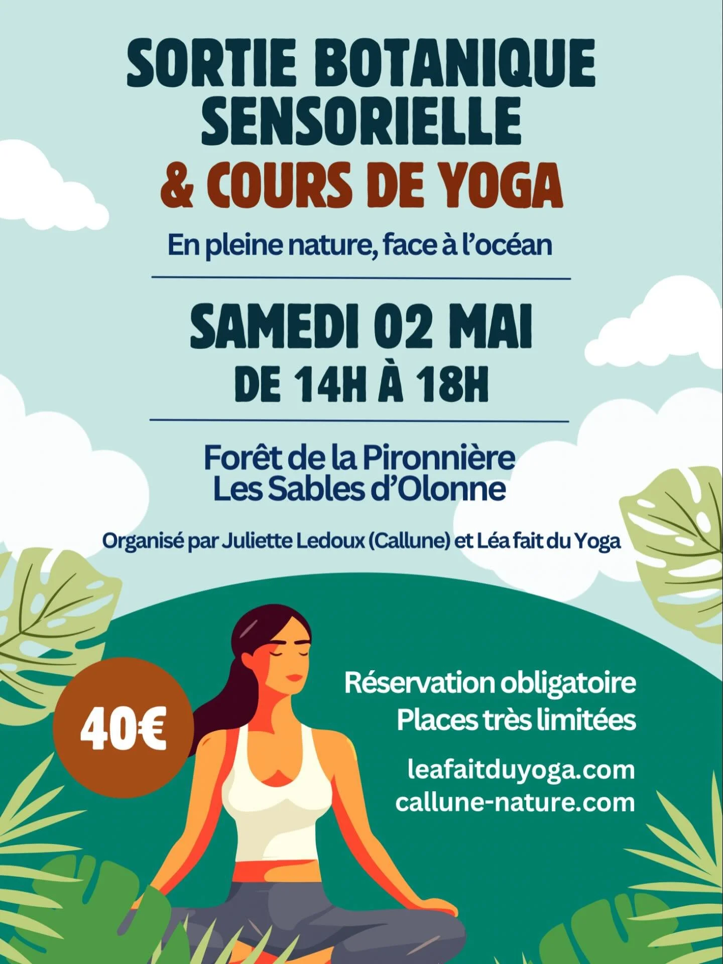 🌿🧘🏻&zwj;♀️Yoga / botanique - samedi 02 mai de 14h &agrave; 18h

L&eacute;a et moi-m&ecirc;me vous invitons &agrave; un apr&egrave;s-midi immersif en pleine nature, aux Sables d&rsquo;Olonne, pour ralentir, respirer et vous reconnecter au vivant.

