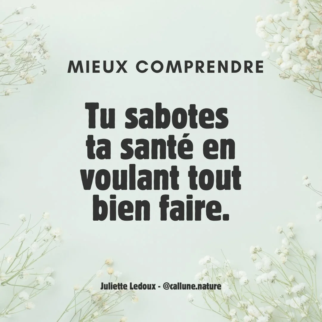 🌿 Tu sabotes ta sant&eacute; &agrave; vouloir tout bien faire.

Oui, faire attention &agrave; soi, c&rsquo;est important.
Mais en faire trop, c&rsquo;est &eacute;puisant.

La sant&eacute; n&rsquo;est pas une course.
C&rsquo;est une danse remplie de 