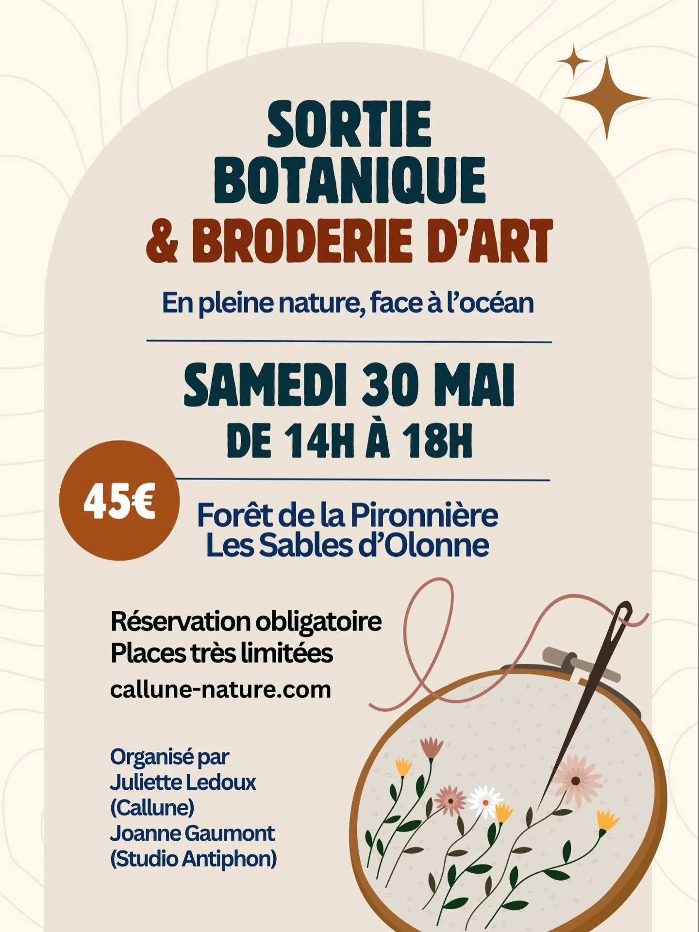 🎨 Sortie botanique &amp; broderie d&rsquo;art - samedi 30 mai de 14h &agrave; 18h - Les Sables d&rsquo;Olonne

Joanne et moi-m&ecirc;me vous invitons &agrave; un apr&egrave;s-midi immersif rempli d&rsquo;ancrage et de beaut&eacute;, en pleine nature