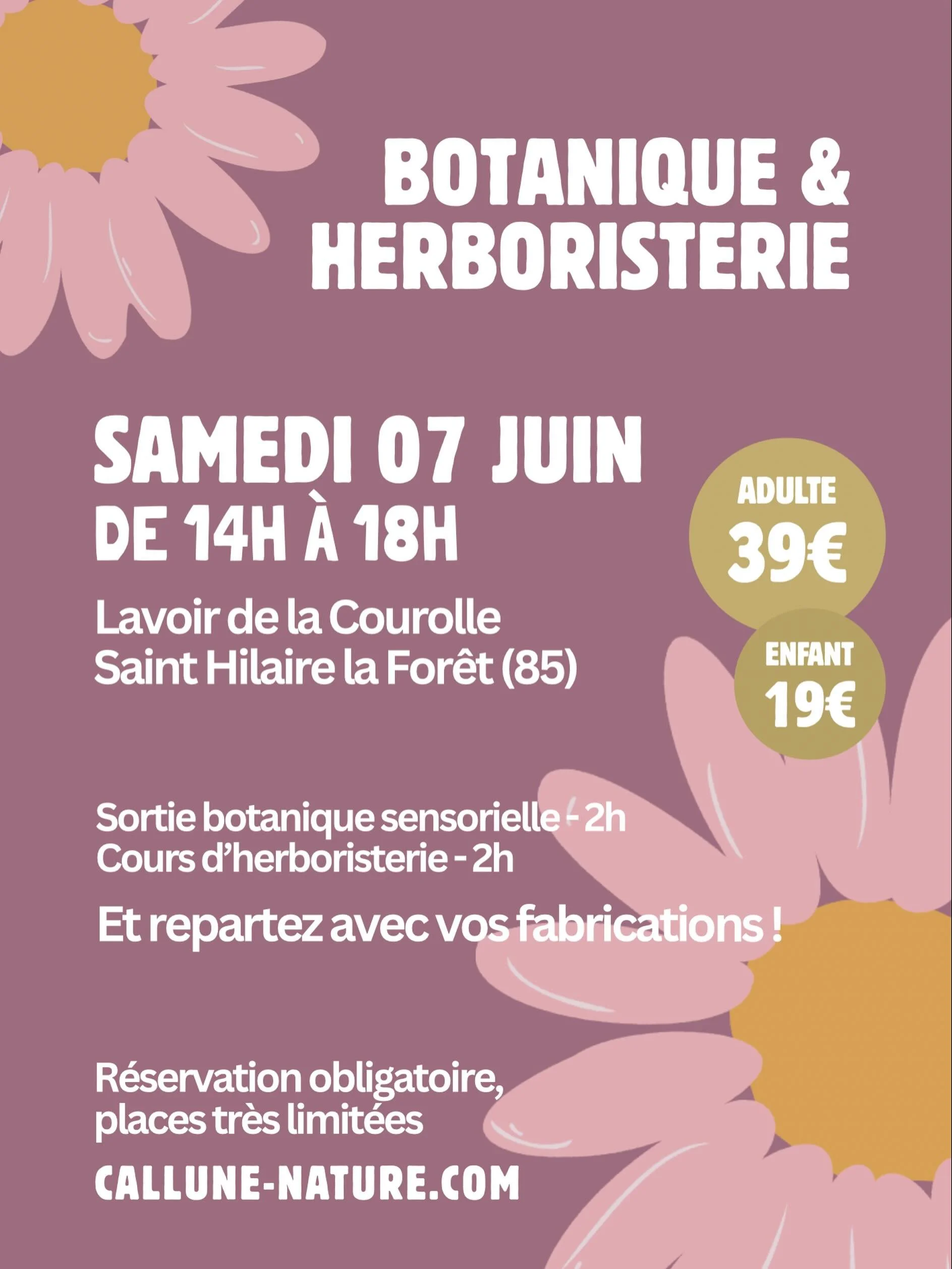 🌸 Sortie botanique &amp; cours d&rsquo;herboristerie ancestrale

Samedi 07 juin de 14h &agrave; 18h

Vous aimez marcher, respirer, &eacute;couter le chant des oiseaux et sentir l&rsquo;air frais sur votre visage ? Vous avez envie de d&eacute;couvrir
