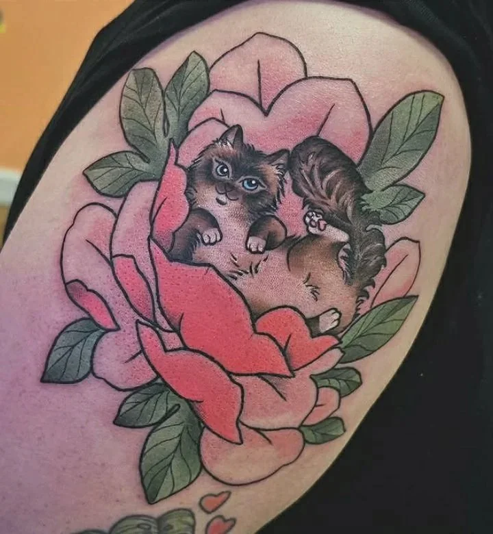 A tattoo of a Ragdoll cat nestled belly-side up in a big pink rose. There are green leaves behind the flower petals.