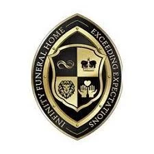 A black and gold emblem with the words "Lindy Funeral Home" and "Excellent Expectations" around the border, featuring icons of a cross, a heart, a hand, and a flower.