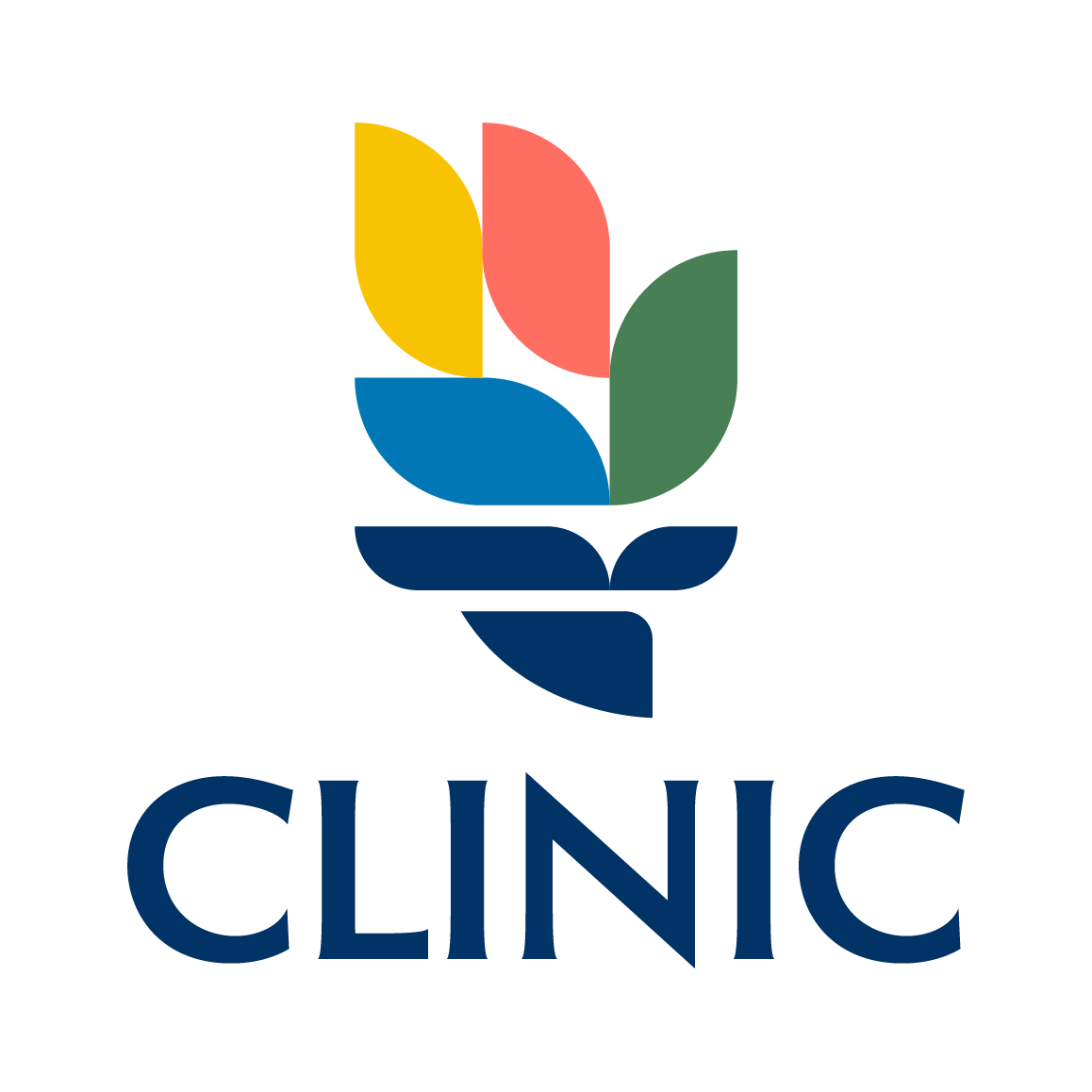 A colorful logo featuring a stylized flower with yellow, pink, green, and blue petals above the word 'CLINIC' in dark blue capital letters.