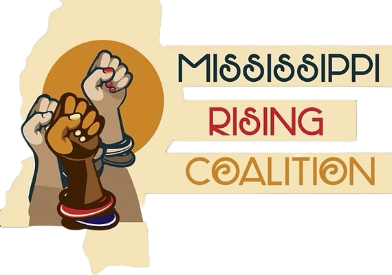 Illustration of three raised fists, each with different skin tones and bracelet accessories, symbolizing unity and strength. Text reads 'Mississippi Rising Coalition'.