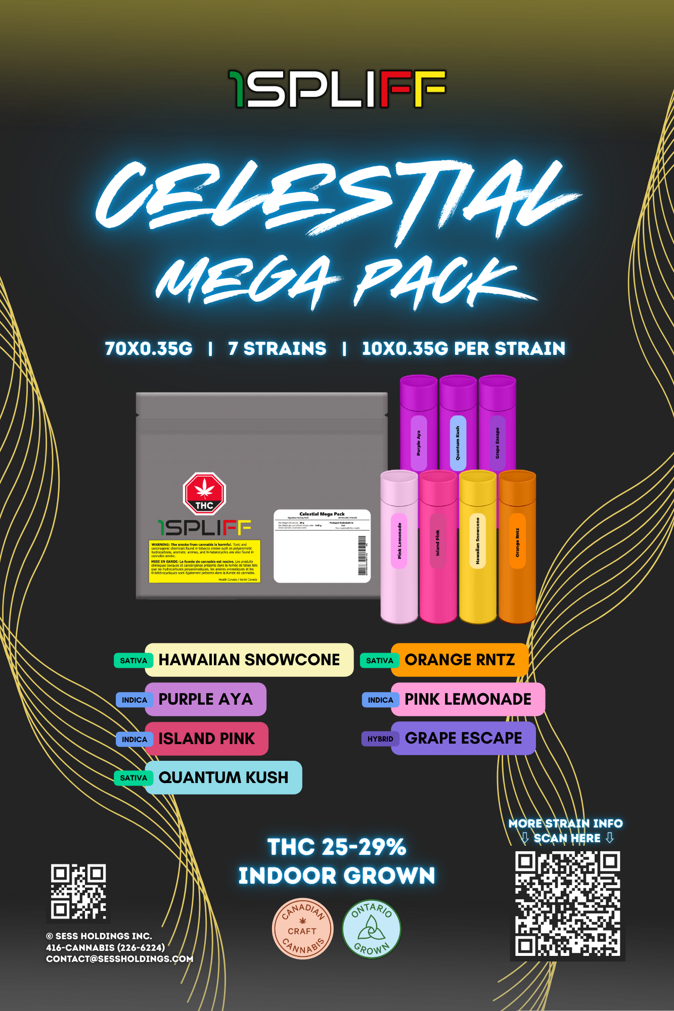 The image shows a colorful cannabis product packaging design for a Mega Pack, containing several strains with labeled containers and a box with a THC warning. The strains listed include Hawaiian Snowcone, Orange RNTZ, Purple AYA, Pink Lemonade, Islan